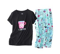 Rojeam Pigiama Casual da Donna in Cotone Camicie a Maniche Corte con Pantaloni Capri Indumenti da Notte Estivi, Tazza Nero, Taglia 3XL