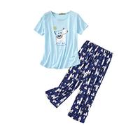 Rojeam Pigiama Casual da Donna in Cotone Camicie a Maniche Corte con Pantaloni Capri Indumenti da Notte Estivi, Alpaca Blu, Taglia M