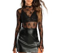 ROJZR Camicetta da donna in pizzo a maniche lunghe con collo a lupetto floreale trasparente trasparente sexy top camicia con foro per il pollice, nero, M