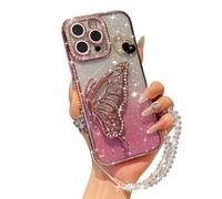 Rokmym Compatible avec coque iPhone 13 Pro avec bracelet perlé à Paillettes Diamant Glitter 3D Motif de Papillon Housse avec support zincée Etui de protection antichoc mince Case Cover,Rose