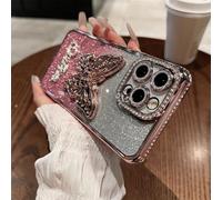 Rokmym Compatible avec Coque iPhone 16 Pro Max à Paillettes Diamant Glitter 3D Motif de Papillon Housse avec support zincée Etui de protection antichoc mince Case pour iPhone 16 Pro Max,Rose