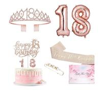 ROKZELT 8 Pezzi 18 Anni Decorazioni Compleanno Ragazze, 18° Fusciacca e Diadema Oro Rosa Compleanno, Happy Birthday Cake Topper, Candele di Compleanno Numero e Palloncini, Regalo Ragazza 18 Anni