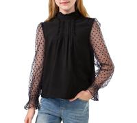 Rolanko Camicie a Maniche Lunghe per Ragazze Chiffon Bluse Top Carini con Colletto a Balze e Pois Svizzeri, Nero, 130, 7-8 Anni