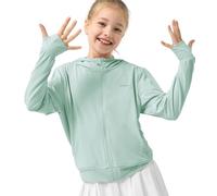 Rolanko Maglia Bambina a Maniche Lunghe Protezione Estiva Contro i Raggi UV con Cappuccio ad Asciugatura Rapida con Fori per il Pollice per Bambini, verde, 10-11 Anni