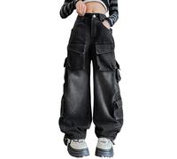 Rolanko Pantaloni Cargo Larghi per Ragazze, Jeans Streetwear Elasticizzati a Vita Alta e Gamba Larga con Tasche Multiple, Nero retrò, Taglia: 8-9 Anni/140