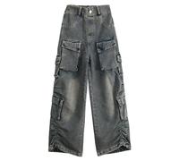 Rolanko Pantaloni Cargo Larghi per Ragazze, Jeans Streetwear Elasticizzati a Vita Alta e Gamba Larga con Tasche Multiple, Blu retrò, Taglia: 6-7 Anni/130