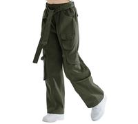 Rolanko Pantaloni Cargo Larghi per Ragazze, Pantaloni Streetwear Elasticizzati a Vita Alta e Gamba Larga con Tasche Multiple, Verde Esercito, Taglia: 170