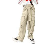 Rolanko Pantaloni Cargo Larghi per Ragazze, Pantaloni Streetwear Elasticizzati a Vita Alta e Gamba Larga con Tasche Multiple, Kaki, Taglia: 150