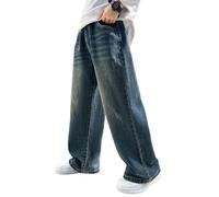 Rolanko Pantaloni Cargo Larghi per Ragazzi Jeans Bootleg Skater Elasticizzati in Vita con Tasche Multiple Pantaloni Denim Vintage Streetwear per Bambini, Blu Denim Solido, Taglia: 150/10-11 Anni