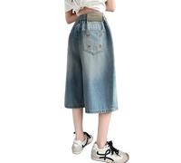 Rolanko Pantaloni Jeans Capri da Ragazza,Jeans a Tre Quarti Gamba Larga Vita Elastica Bimba 6-14 Anni, Blu Lavaggio, 10-11 Anni, 150