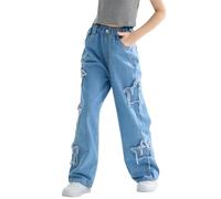 Rolanko Ragazze Baggy Jeans Gamba Larga Vita Elasticizzata Patchwork Denim Pants per Bambini, Blu, Taglia: 130