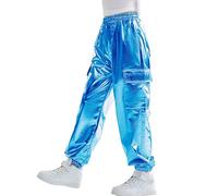 Rolanko Ragazze Pantaloni Cargo Metallizzati, Hip Hop da Ballo Streetwear con Vita Elastica per Bambini, Teal, 8-9 Anni,140