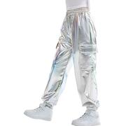 Rolanko Ragazze Pantaloni Cargo Metallizzati, Hip Hop da Ballo Streetwear con Vita Elastica per Bambini, LaserSilver, 8-9 Anni,140