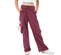 Rolanko Ragazze Pantaloni Cargo, Vita Alta Elastica con Tasche Multiple e Pantaloni a Gamba Larga per Bambini, Rosso, Taglia:150