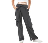 Rolanko Ragazze Pantaloni Cargo, Vita Alta Elastica con Tasche Multiple e Pantaloni a Gamba Larga per Bambini, Grigio Scuro, Taglia:140