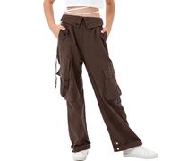 Rolanko Ragazze Pantaloni Cargo, Vita Alta Elastica con Tasche Multiple e Pantaloni a Gamba Larga per Bambini, caffè, Taglia:140