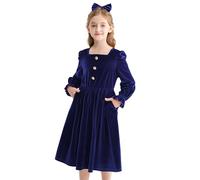 Rolanko Vestito in Velluto per Ragazze con Tasche Maniche Lunghe a Sbuffo Linea Ad A Maxi Abito Invernale con Fiocco per Capelli per Festa di Natale e Compleanno, Blu Reale, Size: 11-12 Years/160