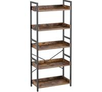 Rolanstar Scaffale, Libreria, Scaffale a terra, con 5 ripiani e 4 ganci, Scaffale in legno con protezione dei bordi e scaffale aperto, Scaffale a terra in stile industriale per soggiorno, camera da