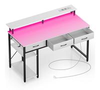 Rolanstar Scrivania con Cassetti Led, Postazione Gaming con 2 Prese di Corrente e 2 Porte di Ricarica USB, Scrivania Gaming con Supporto per Monitor & Ripiani Regolabili per Ufficio(Bianca, 137cm)