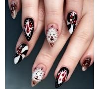 Rolcheleego Unghie finte corte a mandorla per Halloween, da circo, clown, riutilizzabili, con strisce di sangue e viso fantasma, unghie adesive con colla, da donna, motivo a forma di diamante