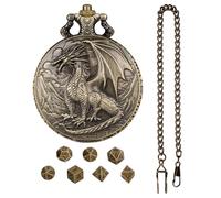 Role Playing Dice Set with Pocket Watch Case, Dragon Pattern Shell Pocket Watch Case with 7 Dice for Friends