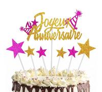 Roledy Decorazione per torta di compleanno "Buon compleanno" oro e rosa glitterato - 7 pezzi torta Topper con stelle per festa ragazza donna - accessori per festa