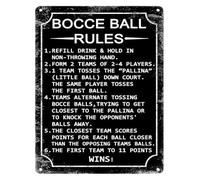 Rolled edge tin sign showing humorous bocce court behavior for garden party zone