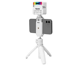 Rollei Comfort Desktop LED Set in bianco, mini treppiede con luce video LED RGB, testa a sfera e supporto per smartphone, ideale per vlogger e blogger