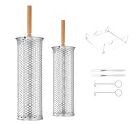 Rolling Grill Baskets - Stainless Steel Mesh, 1 Piece Cylindrical Rotating Rack With Wooden Handle For Even Charring, Portable Barbecue Cage For Vegetable Roasting, BBQ Tools, Cooking Gear For Men