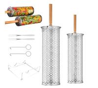 Rolling Grill Baskets, Wooden Handle Net, Stainless Steel Rotator, BBQ Accessory, Reliable Cooking Fixture, Easy Carry Supply, Portable Outdoor Gear, for Men Dad Grandpa Husband Son 22 x 25cm