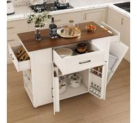 Rolling Kitchen Island Cart con prese di corrente, cestino ribaltabile, 3 cassetti, ruote bloccabili, ripiani regolabili e portaspezie, tavolo mobile per cucina nization