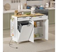 Rolling Kitchen Island con presa di corrente e foglia a goccia, carrello da cucina con armadietto per la spazzatura, isola rotolante da cucina con portaspezie e portasciugamani, porta coltelli, tavolo