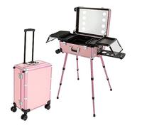 Rolling Makeup Train Case, valigetta per cosmetici in alluminio con luci da specchio, grande trolley per trucchi, organizer per unghie, Colore: rosa., Trolley valigetta cosmetica