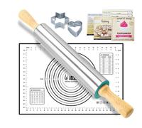 Rolling Pin Nonstick and Silicone Baking Pastry Mat Combo Kit Dough Rollers for Baking Pasta,Cookie Dough,Pastry,Bakery,Pizza