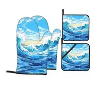 Rolling WavesA - Set di 4 guanti da cucina e presina stampati, guanti da forno e guanti da barbecue per feste sono essenziali per la cucina