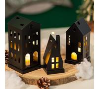 Romadedi Casetta luminosa in metallo per decorazioni natalizie, colore nero: mini lanterna per Halloween, portacandele per casa, con luce a LED, per soggiorno, Natale, decorazione per la stanza dei