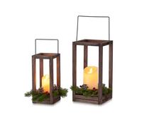 Romadedi Lanterna in legno grande Natale, set da 2 pezzi, 24/30 cm, lanterna con ghirlanda di Natale e candele a LED, per interni, balcone, camino, soggiorno, davanzale
