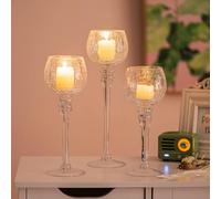 Romadedi Portacandele in vetro: set da 3 portacandele a forma di candela, 23,5/25,5/31,5 cm, per candeline a pilastro, decorazione per soggiorno, decorazione da tavolo, matrimonio, camera da letto