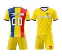 Romania Football Kit per bambini Ragazzi Country Badge T-Shirt, Sport Casual Uomo Manica Corta Rotonda Scollo a V Camicie e Pantaloncini, Personalizzato Nome della squadra Numero Jersey Tuta, Giallo,