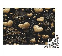 Romantic Hearts-Golden Ornate Design Adult Jigsaw Games Golden Hearts on Black Background Challenging & Brainteasing for Decompression 70x50cm/1000pcs