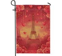 Romantica bandiera da giardino a forma di cuore, cuore rosso, decorazione della torre Eiffel, bandiera bifacciale per primavera cortile esterno San Valentino rose floreali decorazione
