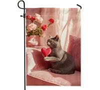 Romantica bandiera da giardino a forma di gatto grigia, decorazione floreale a forma di cuore, per interni ed esterni, bandiera bifacciale per gli amanti degli animali, decorazione della casa, 12 x 18