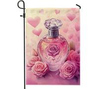 Romantica bandiera da giardino con bottiglia di profumo di pesca, decorazione floreale con rose per l'estate, decorazione a doppio lato in iuta per le vacanze, decorazione per prato a tema cuore