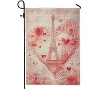 Romantica bandiera da giardino Torre Eiffel, pesca, rose, cuori, primavera/estate, decorazione da cortile in poliestere double face, 30,5 x 45,7 cm