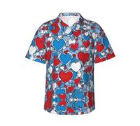Romantica camicia hawaiana da uomo a maniche corte con stampa a cuori rossi, eleganti e essenziali per le vacanze al mare, Nero , 3XL