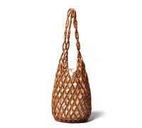 RomanticDesign Borsa a secchiello da donna in legno, stile retrò, con perline intrecciate, con fori scavati sulla spiaggia, Marrone