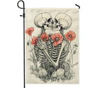 Romantici scheletri con papaveri bandiera da giardino, decorazione rustica in stile vintage per autunno Halloween, striscione accogliente su entrambi i lati per decorazione esterna del prato 30,5 x