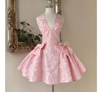 Romantico, alla moda, sexy, d'avanguardia, in rete, rosa, tessuto jacquard, collo alla halter, fiocco staccabile, adatto per discoteca, festa, spiaggia, vacanza, ospite di matrimonio, festa cocktail,