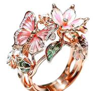 Romantico anello aperto da donna, smaltato, con fiori e farfalle, color oro rosa, con cristalli floreali, gioielli per matrimoni, feste da tè, uso quotidiano, regalo per gli amanti dello stile del