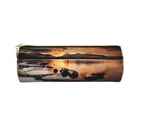 Romantico astuccio in pelle stampata con spiaggia astuccio portapenne astuccio per matite cosmetico borsa per trucco borsa da ufficio per uomo donna, Roccia e lago sotto il tramonto, Taglia unica